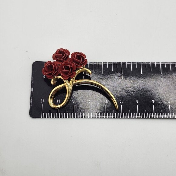 Vintage Gold Tone Red Rose Bouquet Brooch - Picture 4 of 4
